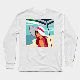 Female relaxing on sea sand beach Long Sleeve T-Shirt